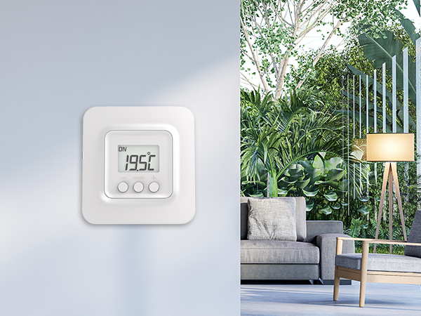 Image d'un thermostat delta dore à touche installé sur un mur